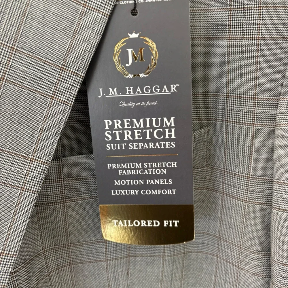 J.M. Haggar Men 48 Long Tailored Fit Premium Stretch Suit Jacket Grey Glen Plaid